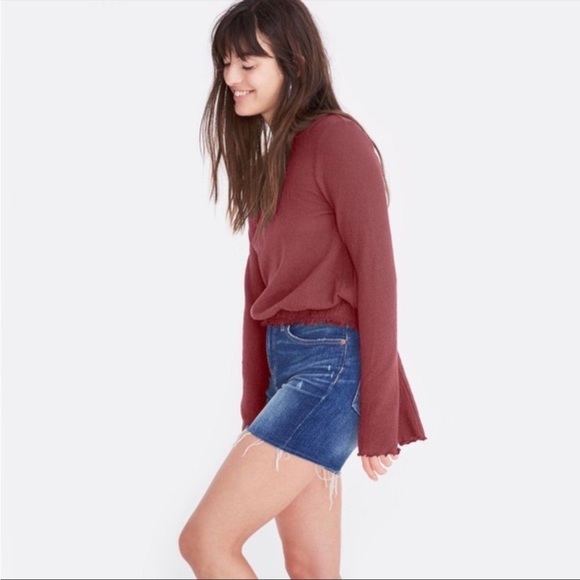 Madewell Smocked Bell Sleeve 100% Cotton Top in Autumn Berry/ Mauve sz S - Picture 12 of 12